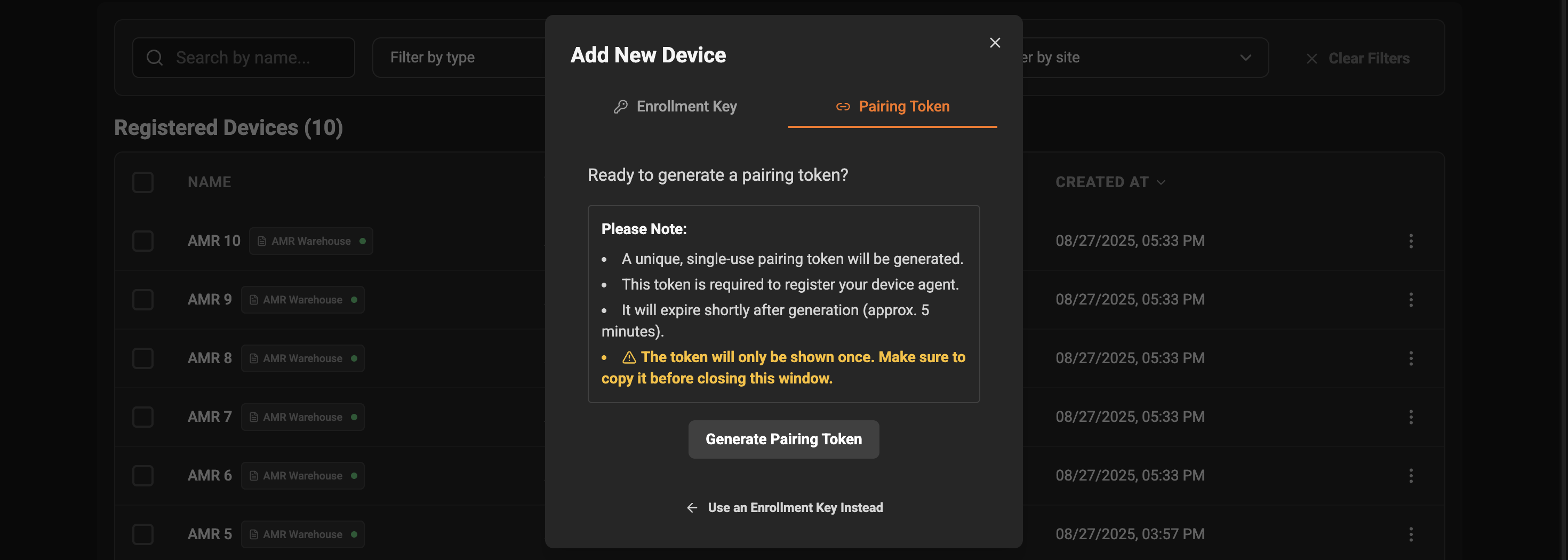 Pairing token dialog