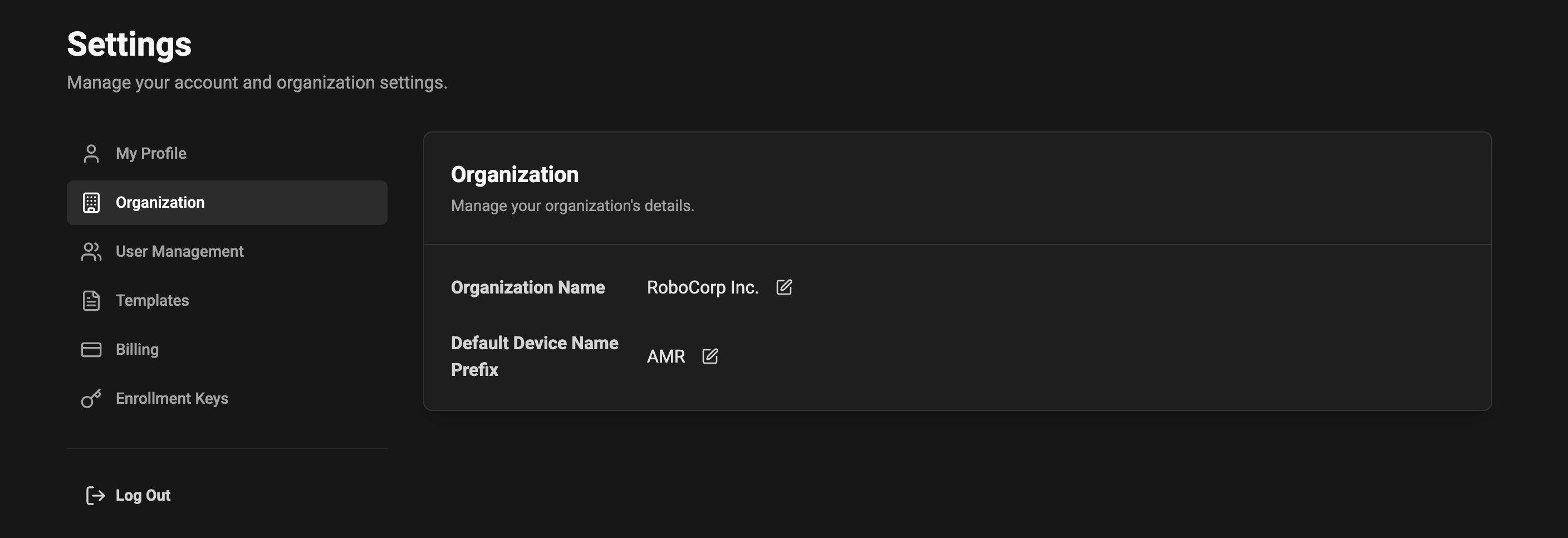 Organization settings screenshot placeholder