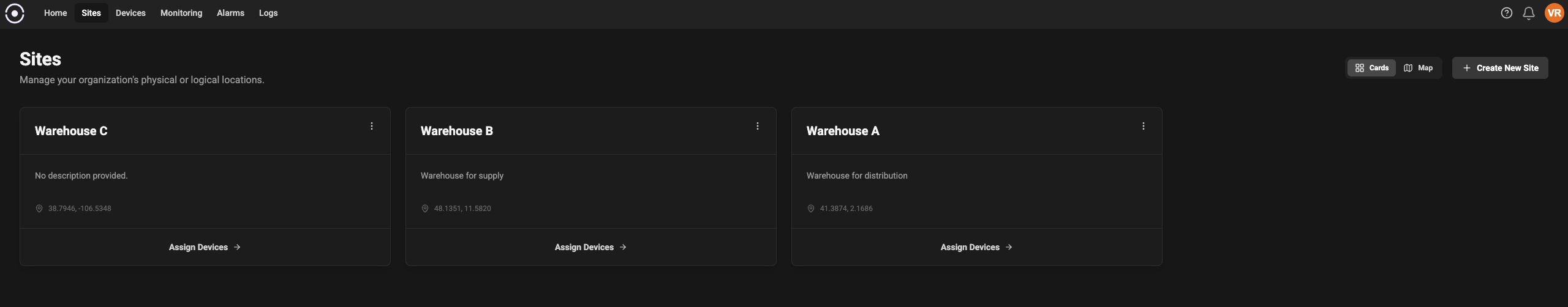 Placeholder: Sites list and new site button