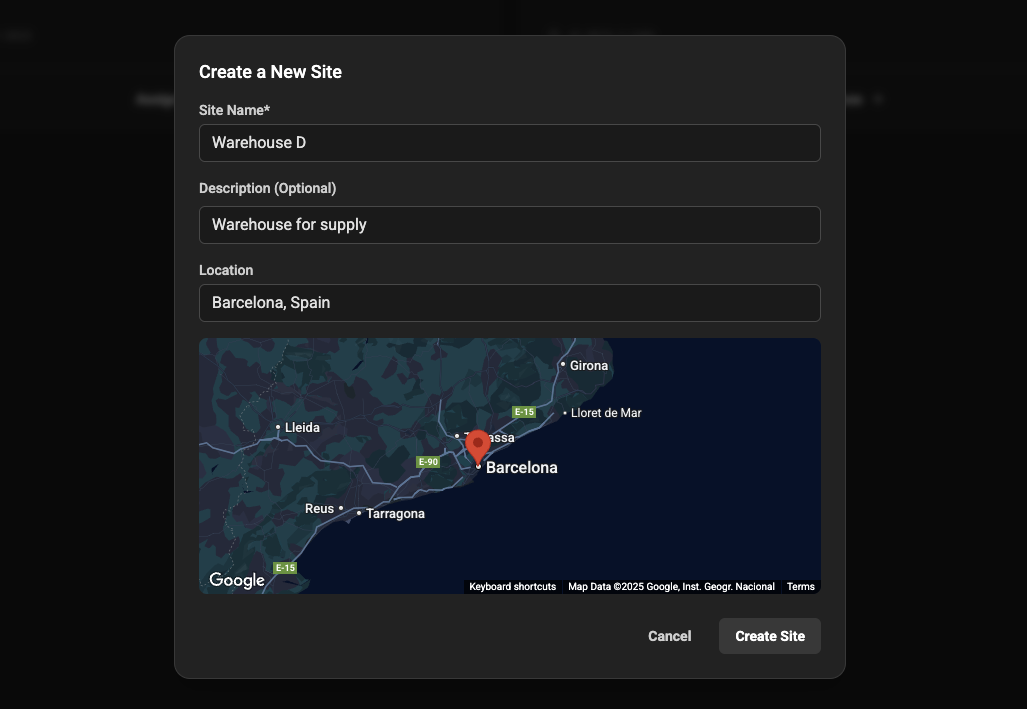 Placeholder: Create site form filled example