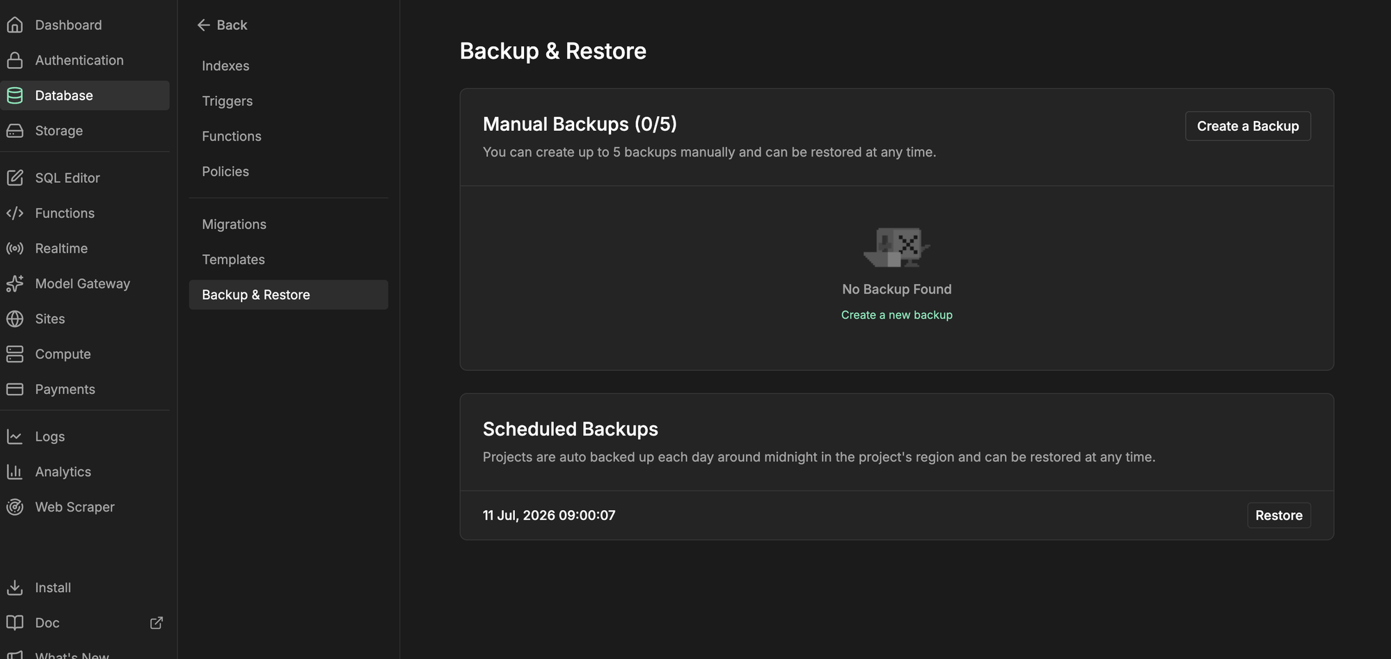 InsForge dashboard Backup & Restore page showing manual backups and scheduled backups with a Restore button
