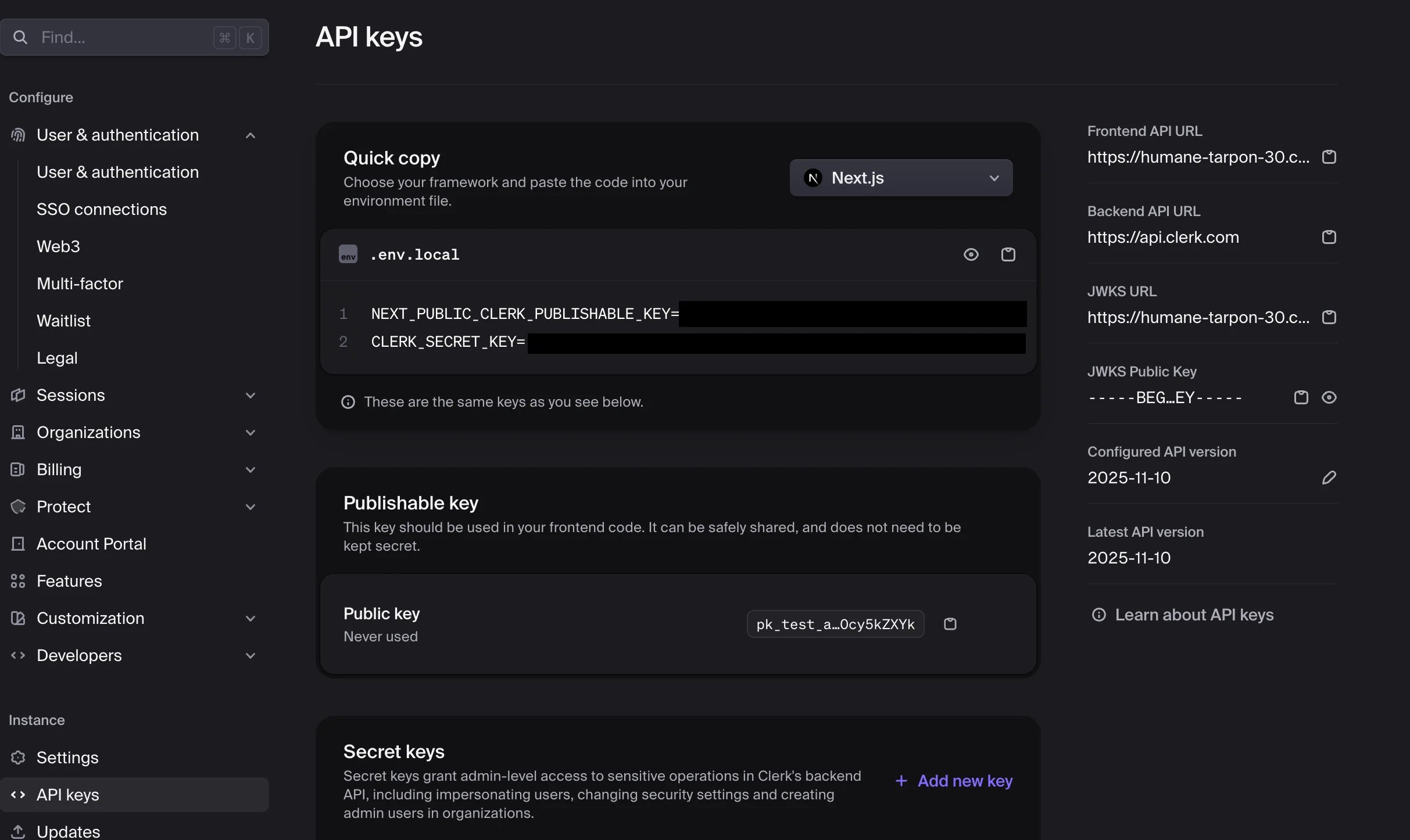 Clerk API keys page — Publishable key and Secret keys sections