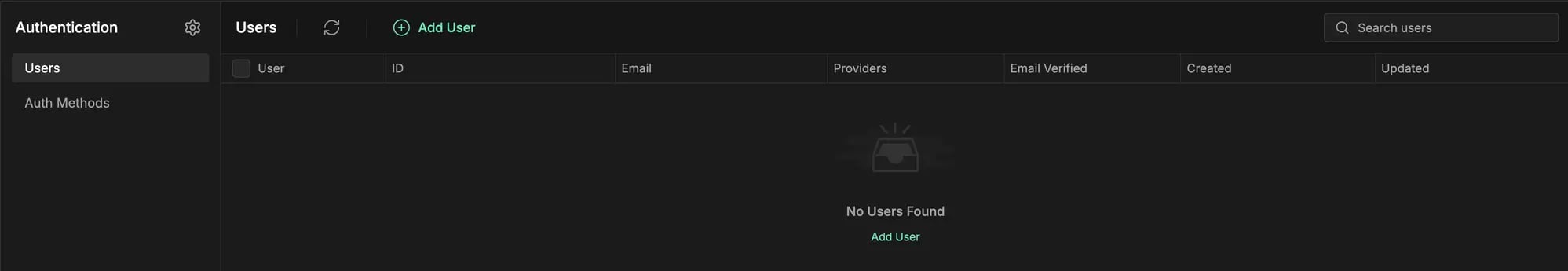 InsForge Auth Users — empty because Kinde manages users