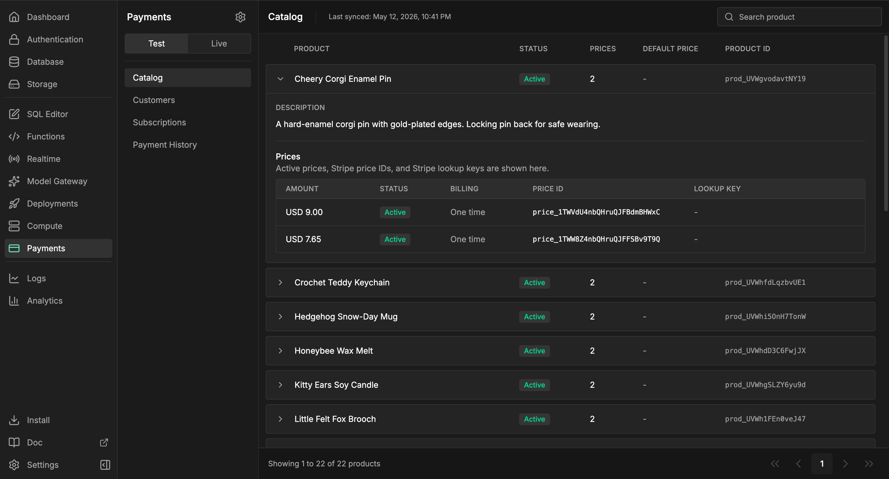 InsForge Payments dashboard