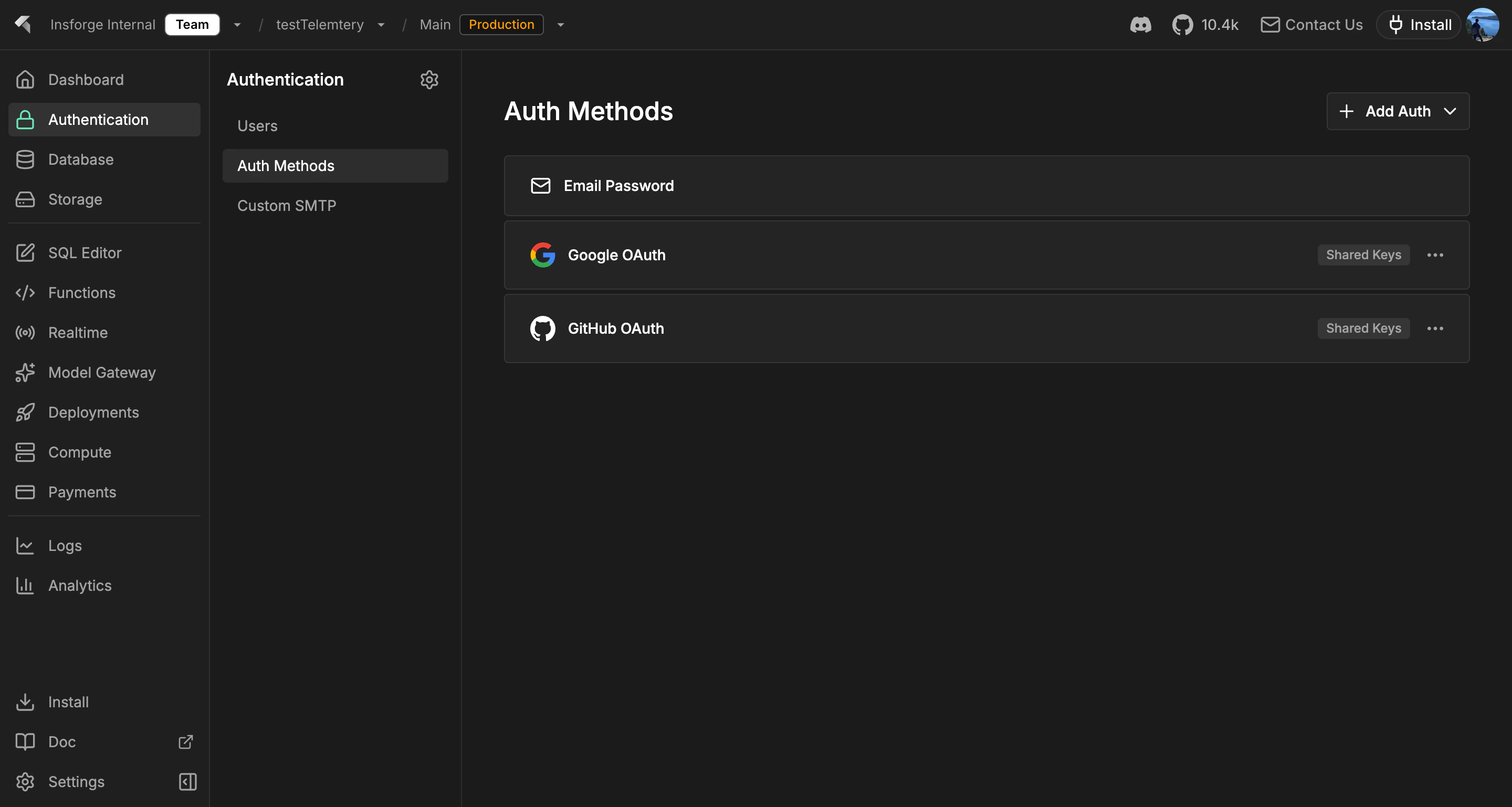 InsForge dashboard Auth Methods showing email and password, Google OAuth, and GitHub OAuth