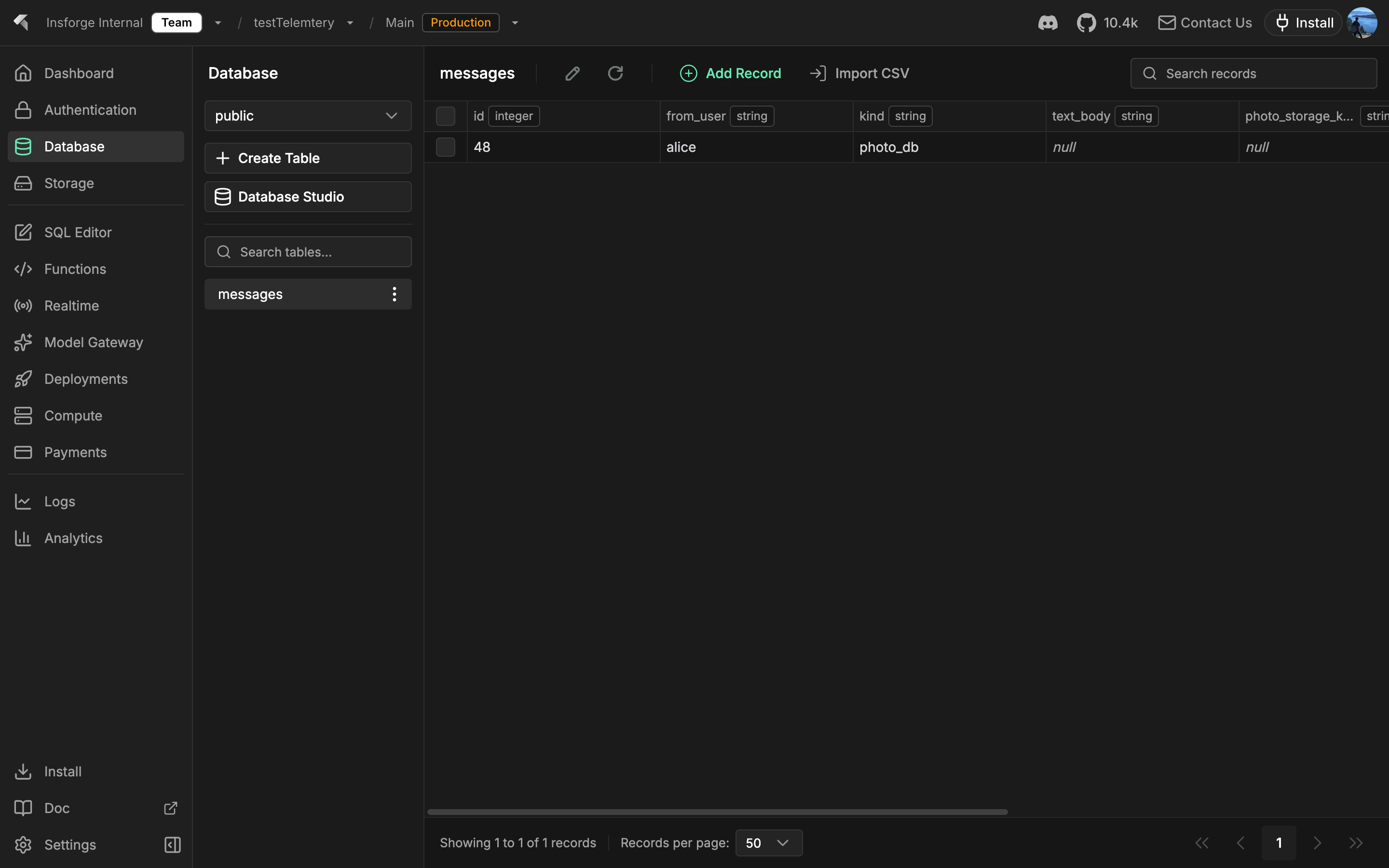 InsForge dashboard table editor showing a messages table with typed columns
