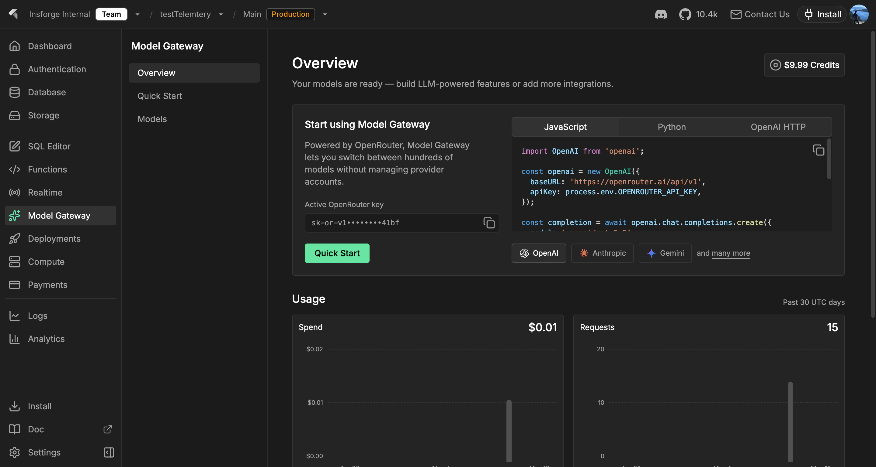 InsForge dashboard Model Gateway overview showing code samples, provider chips, and usage charts