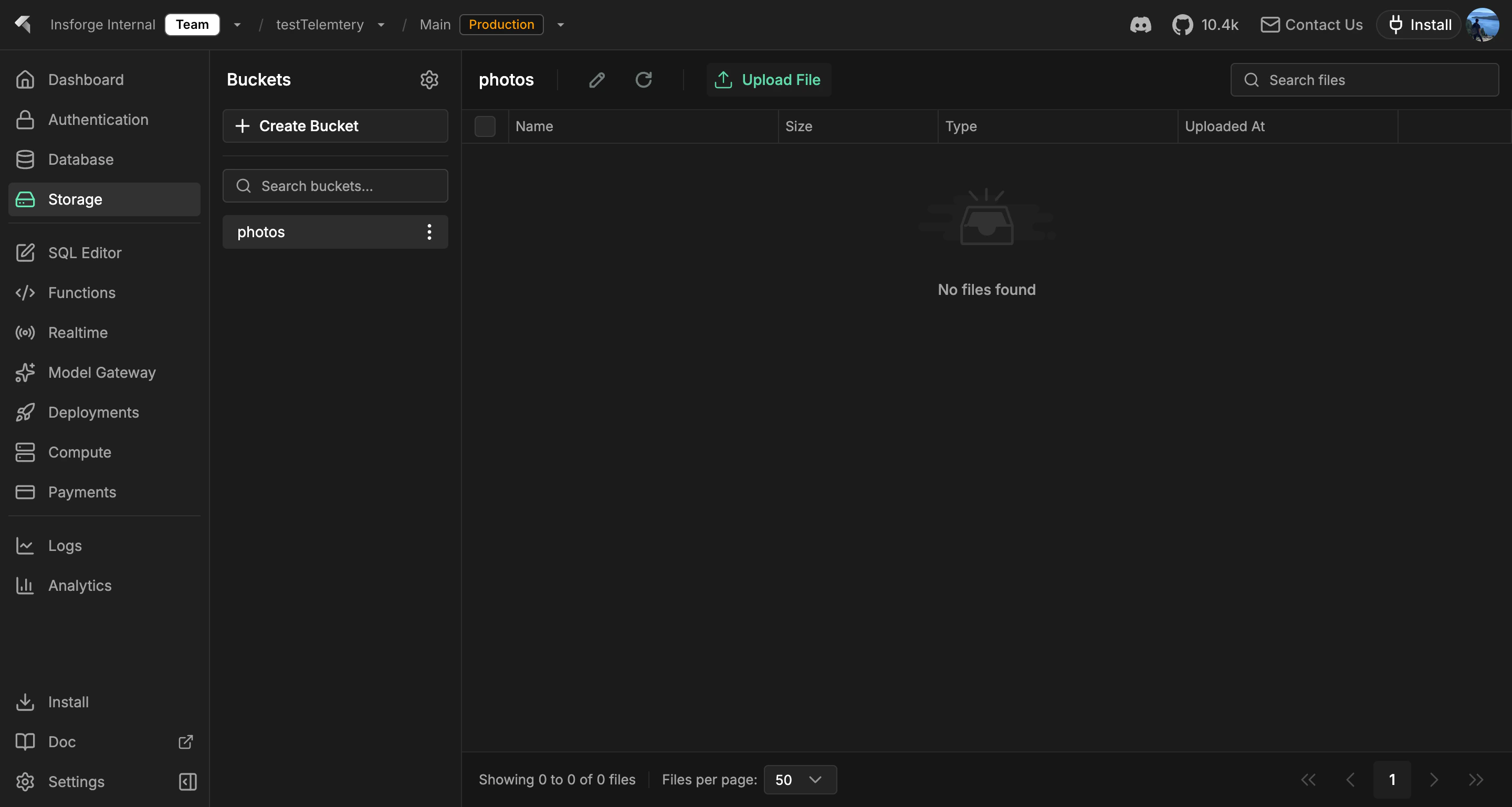 InsForge dashboard storage browser showing a photos bucket and the file listing
