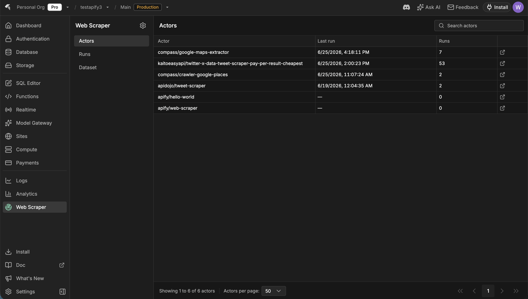 InsForge Web Scraper dashboard showing the Actors tab with connected Apify actors, their last run times, and run counts