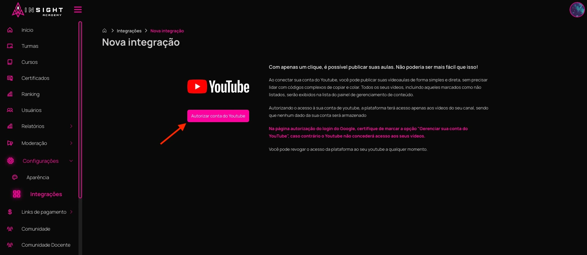 Autorizar conta Youtube