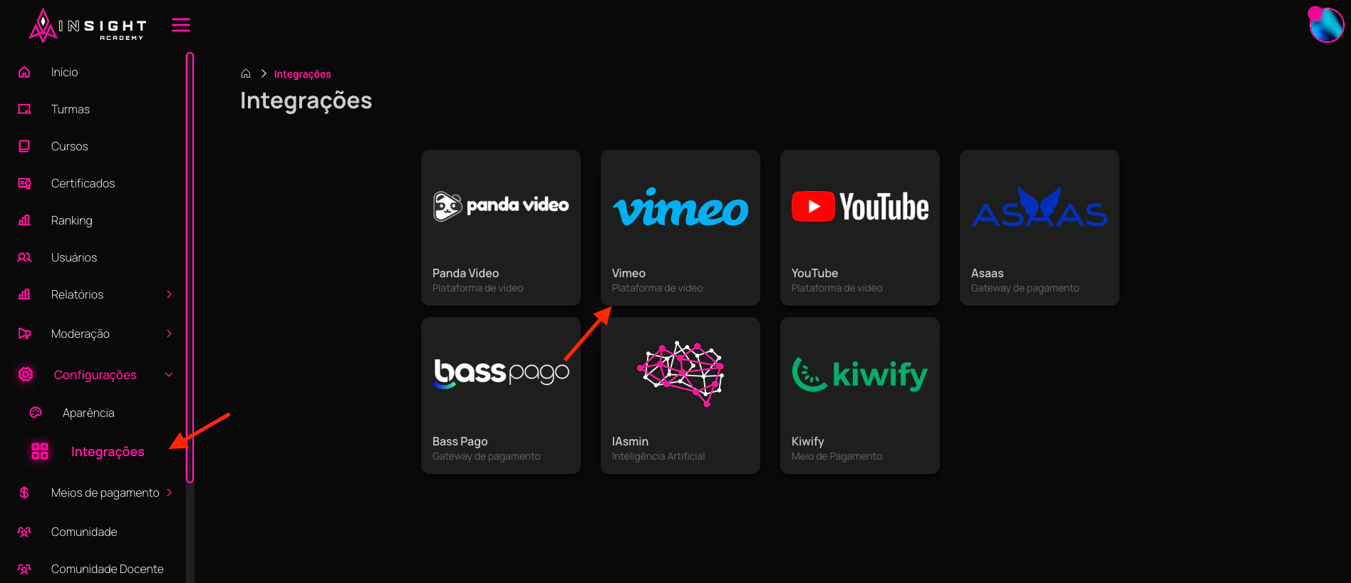 Integrações Vimeo