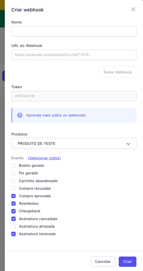 Criação webhook kiwify