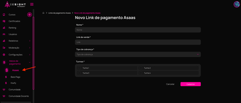 Novo link de pagamento Asaas