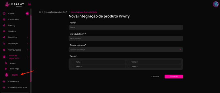 Nova integração de produto Kiwify
