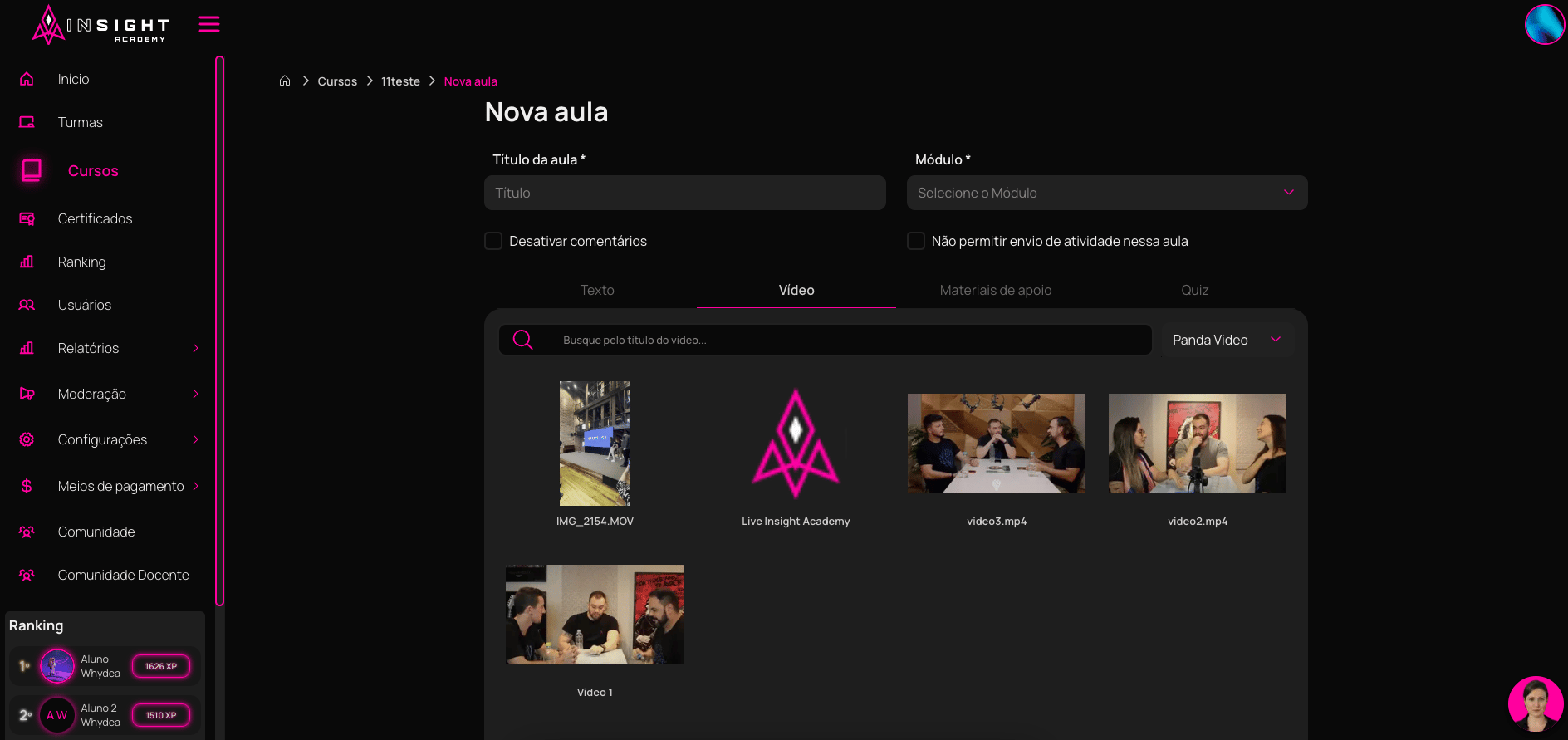 Nova aula - Aba Videos