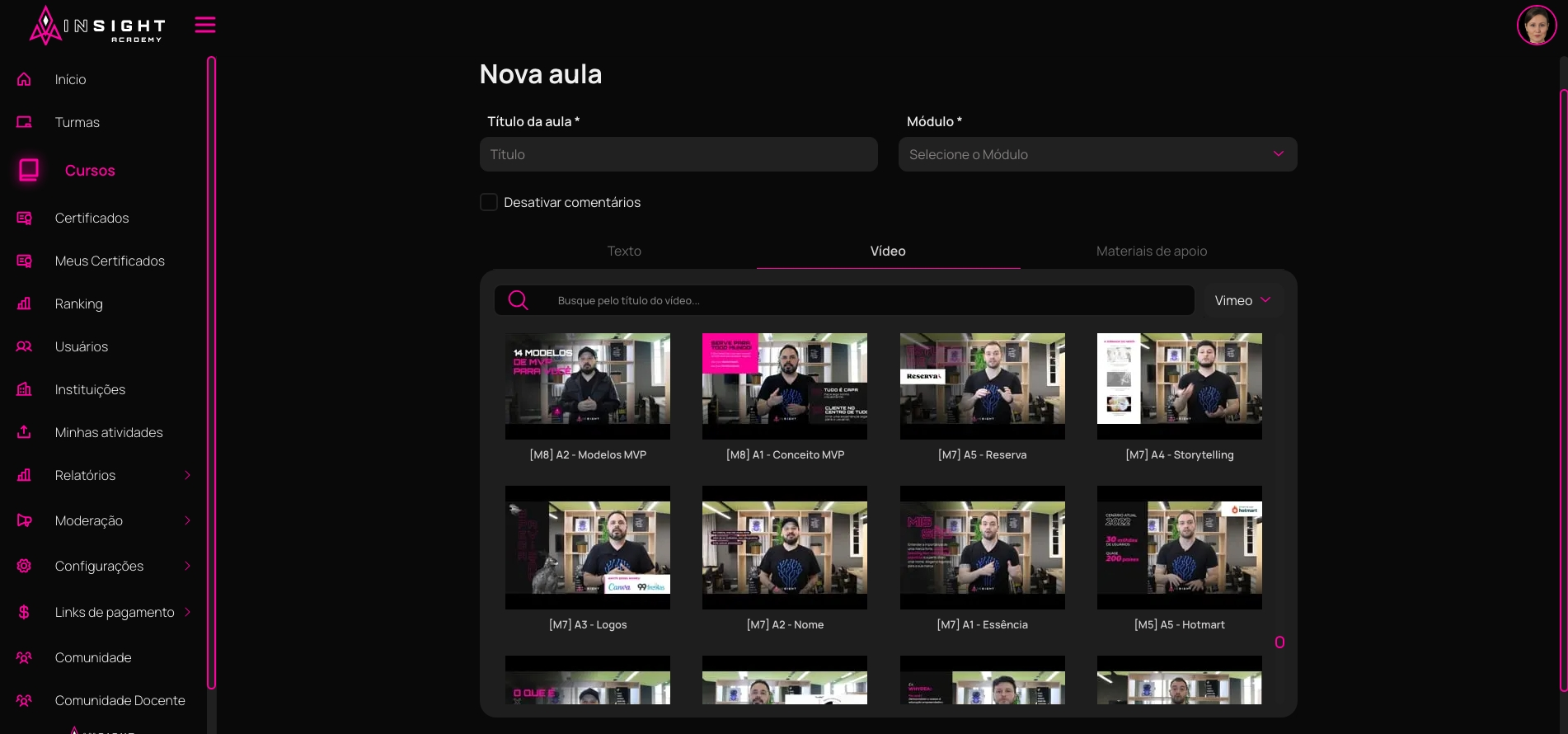 Nova aula - Aba Videos