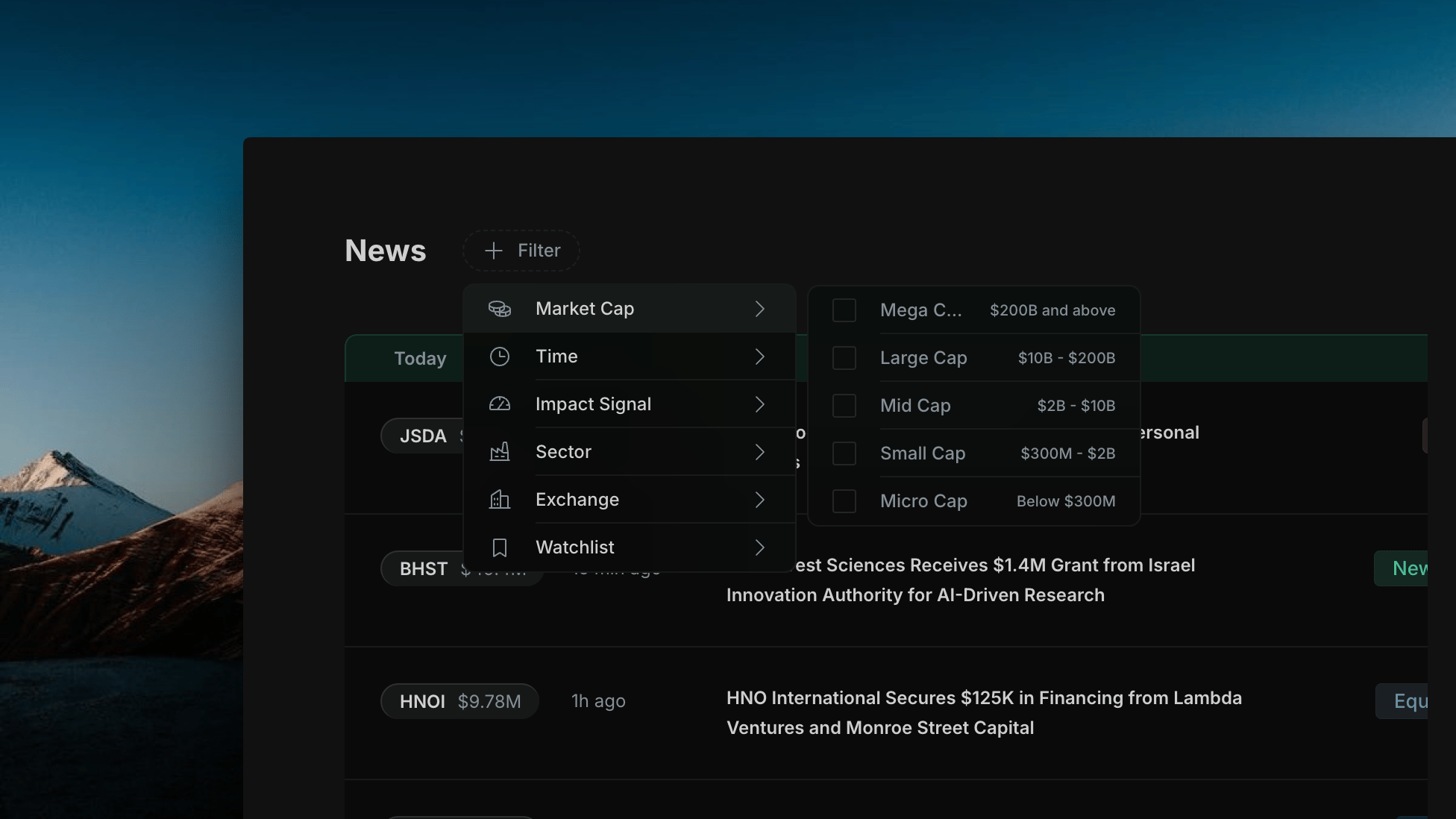 Insighthread Market Cap sub-menu