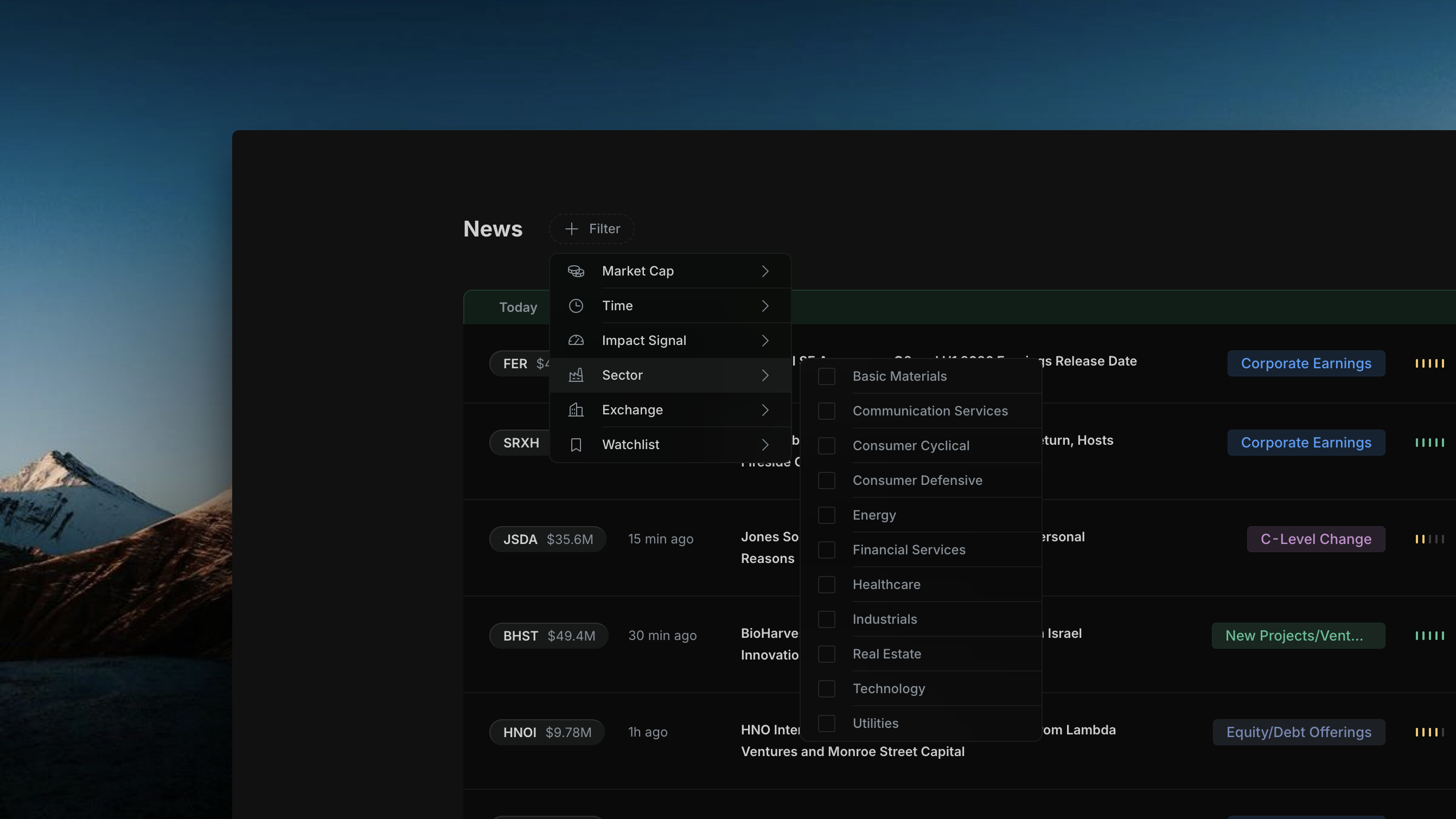 Insighthread Sector sub-menu