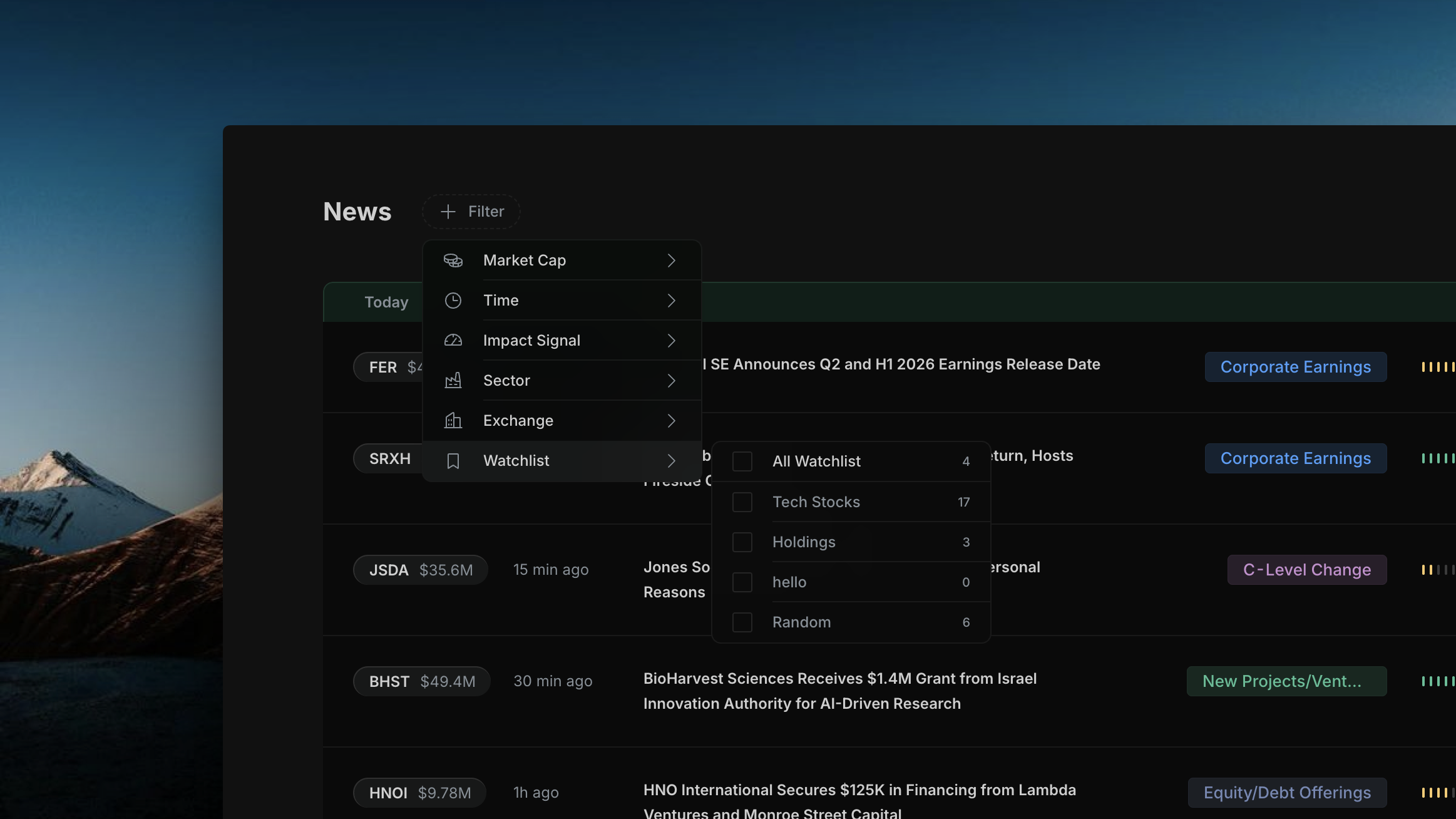Insighthread Watchlist sub-menu