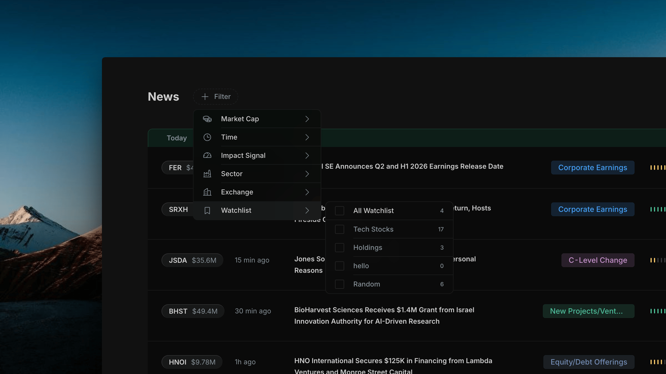 Insighthread Watchlist sub-menu