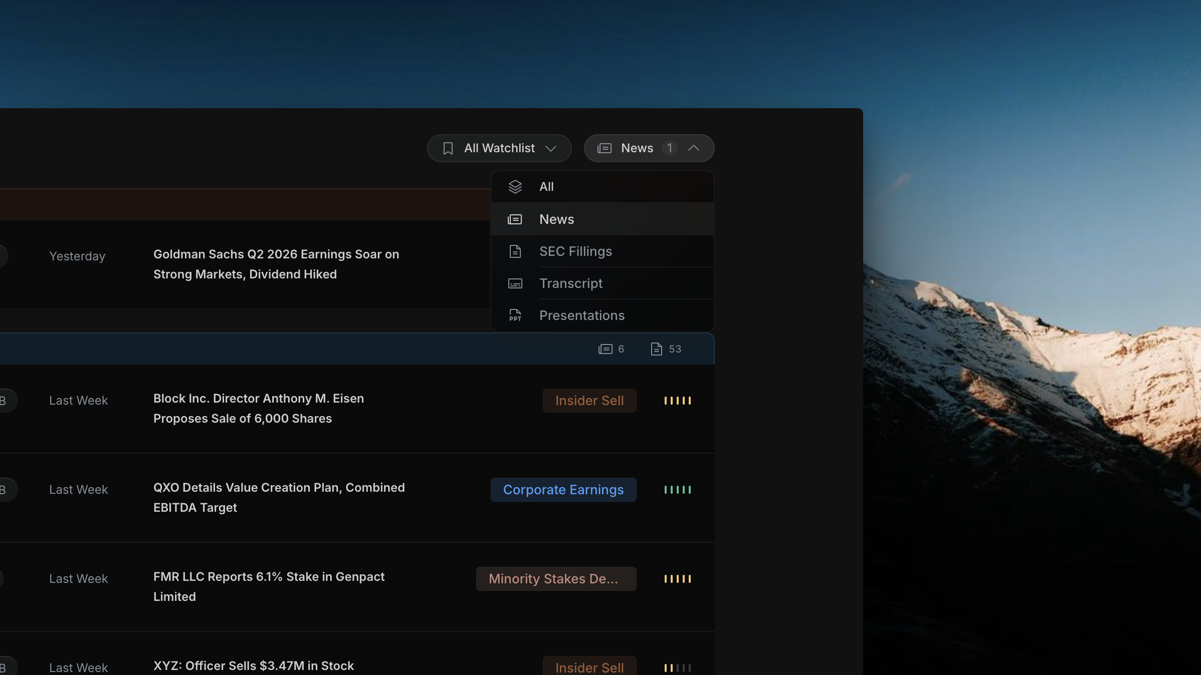 Insighthread type filter dropdown