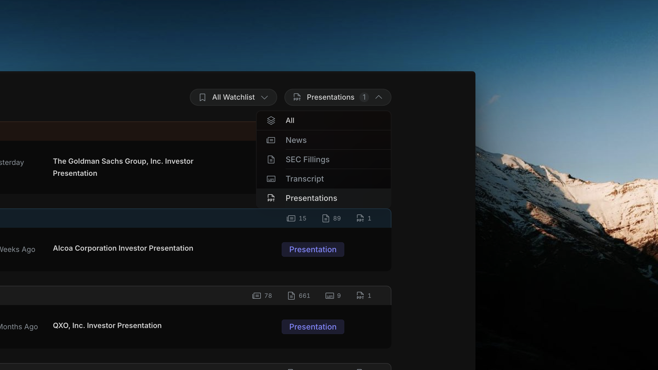 Insighthread Presentations filter feed view
