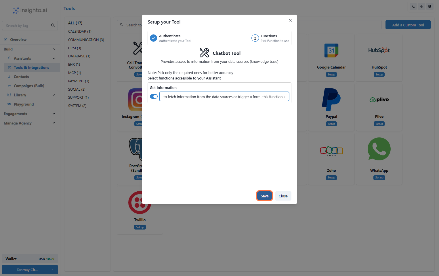 Click Save to Complete the Tool Setup