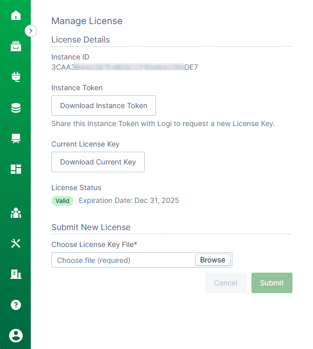 Manage license work area Use this work area to download instance tokens, license keys, and manage new licenses