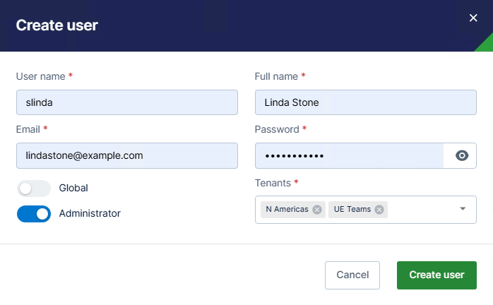 Create user work area Select one or more tenants when creating a user, optionally make tue user an admin