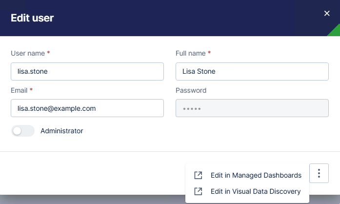 edit user Edit basic user information, or select an option to edit more details in the appropriate module