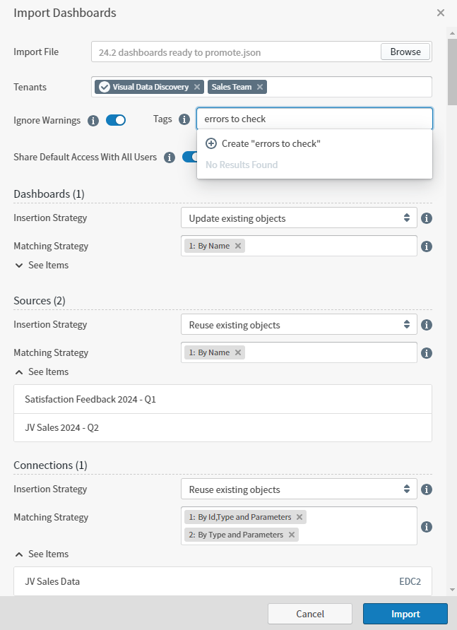 Use this work are to define what JSON file to import for which tenants using what insertion strategies matching strategies tags and access levels