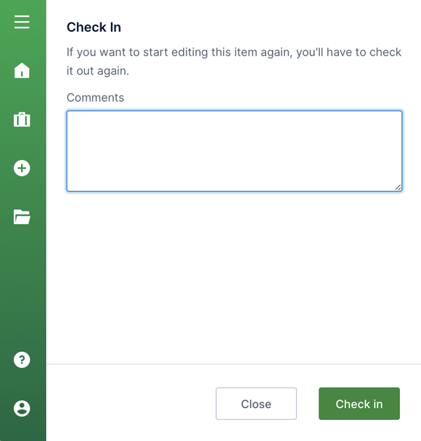 Check In dialog Check In dialog