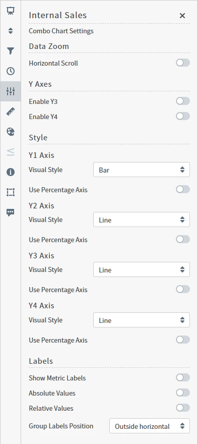Combo Chart Settings sidebar Use this work area to define settings for the combo chart visual