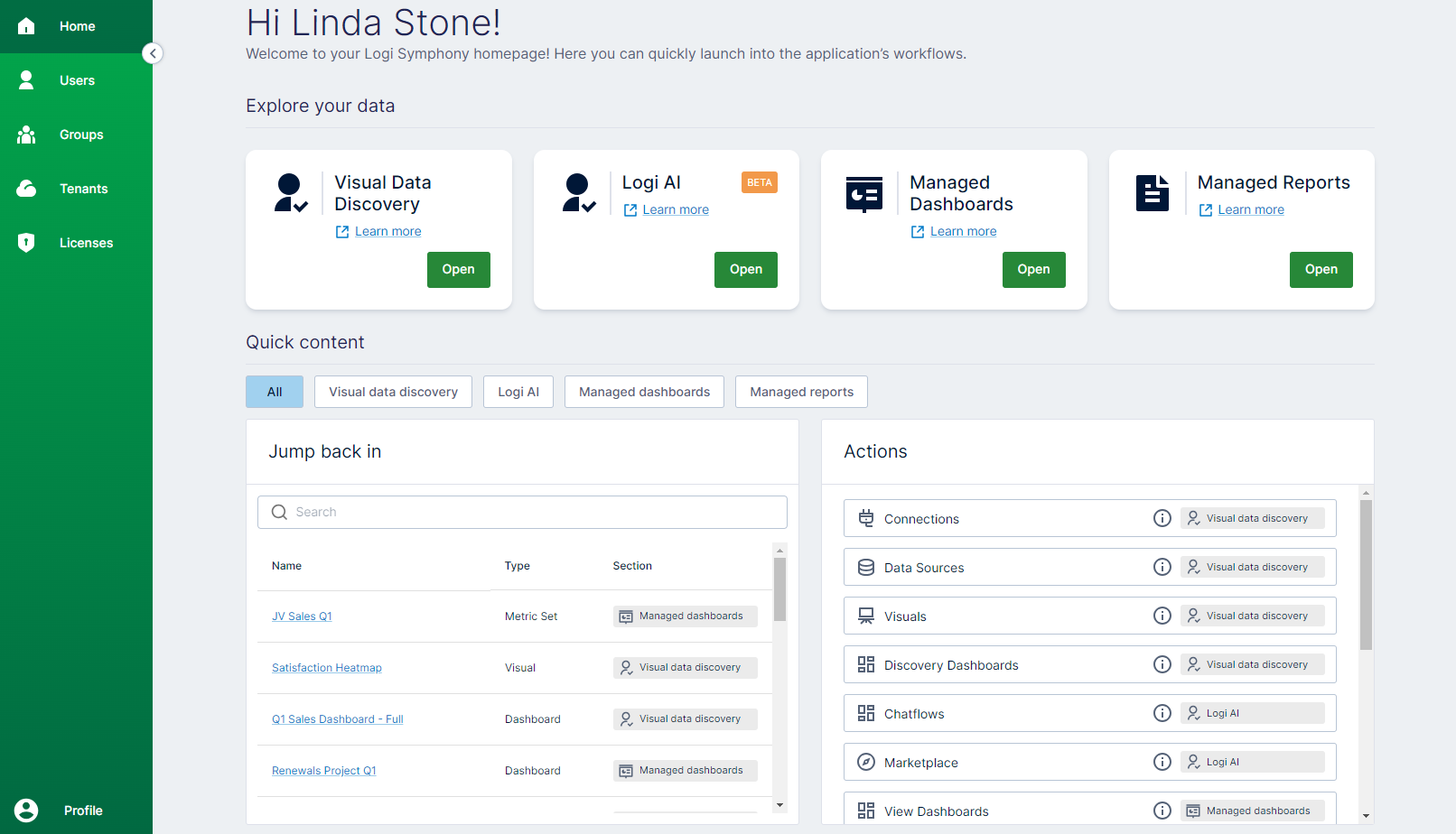 Use the home page to select an area of Symphony to work in or jump in quickly to existing content and actions