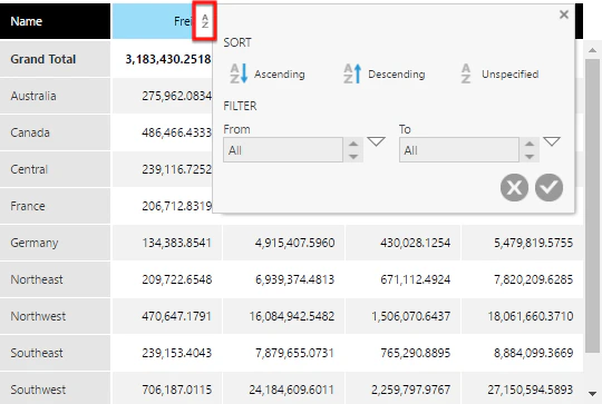 Sort and Filter pop-up