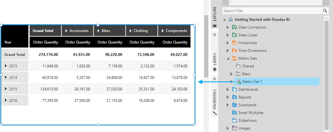 Drag a metric set to the dashboard canvas