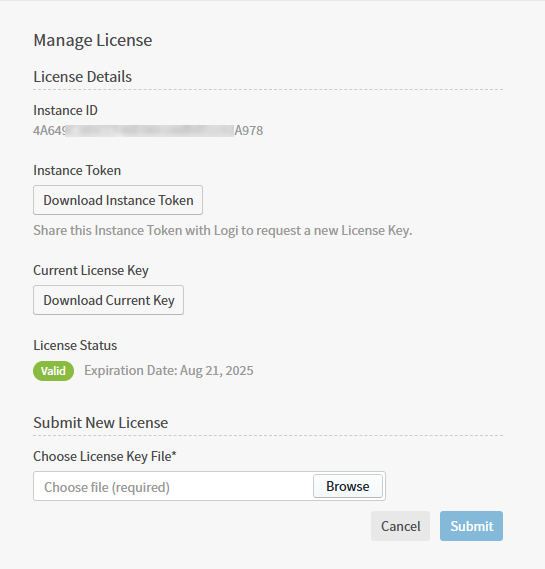 Use this work area to download instance tokens, license keys, and manage new licenses