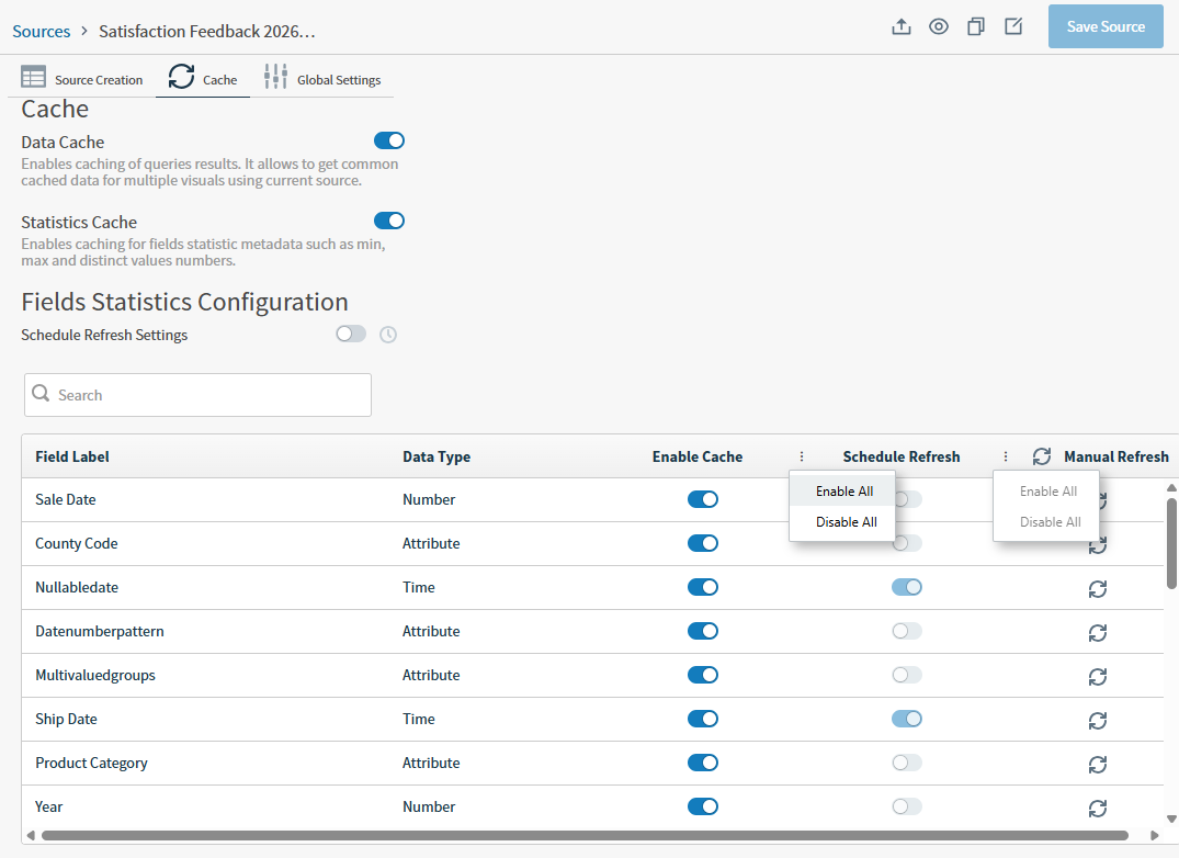 use this work area to change settings for data cache, statistics cache, schedule refresh settings, or adjust individual cache and refresh settings