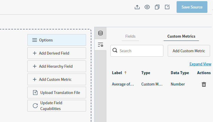 user this work area to find, view, and add custom metrics. select expanded view to open a larger work area.