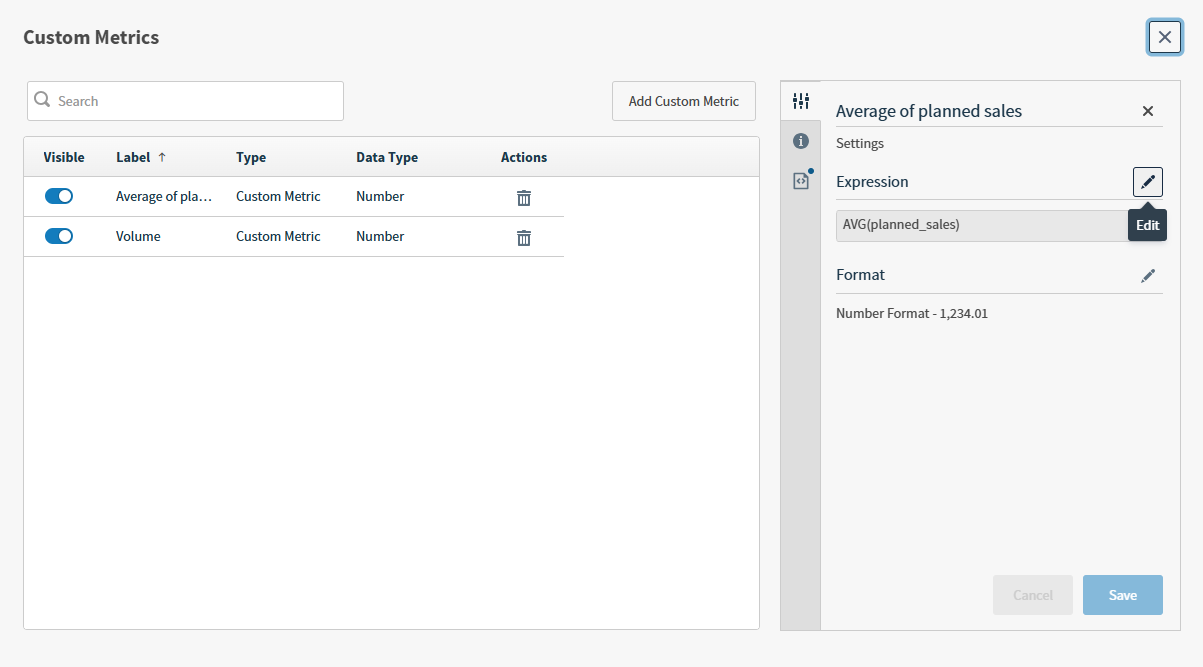 use this work area to manage your custom metrics
