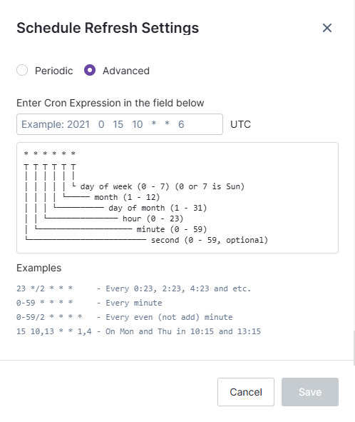 use the work area to scheudule the refresh settings for your data by creating your own Cron Expression