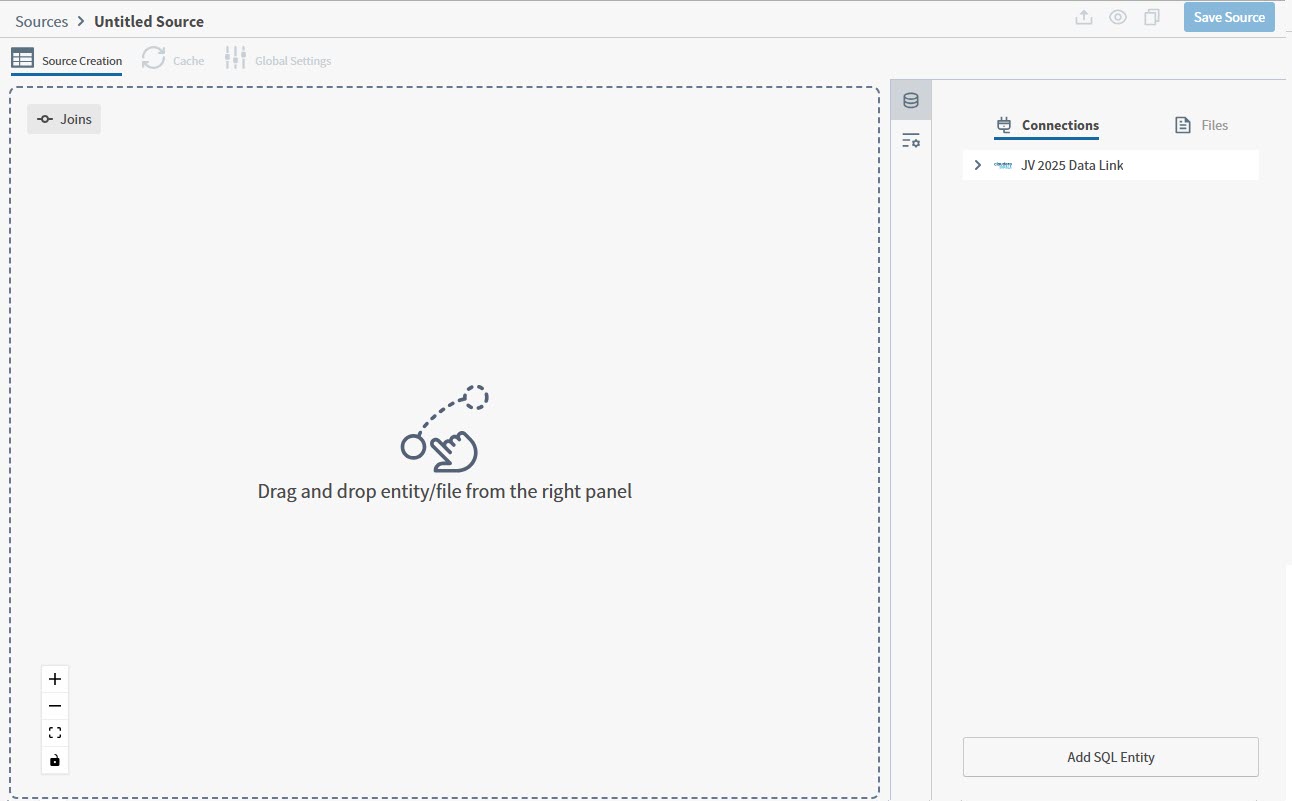 drag and drop entities to this left panel source work area to define one or more data entities for your source
