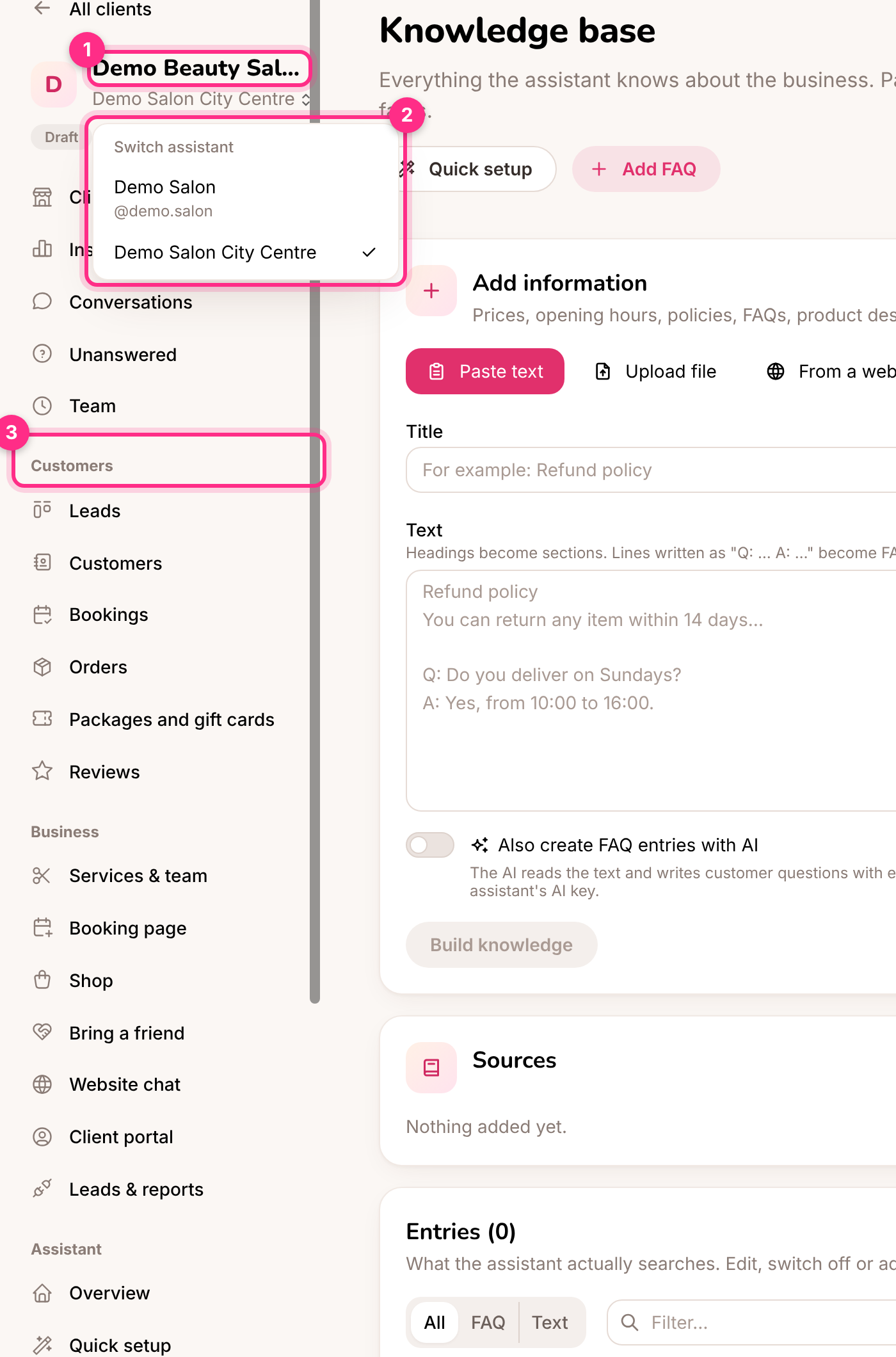 The menu inside a client