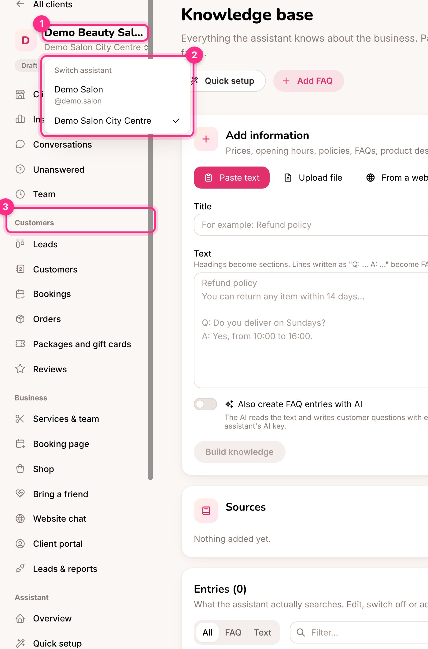 The menu inside a client