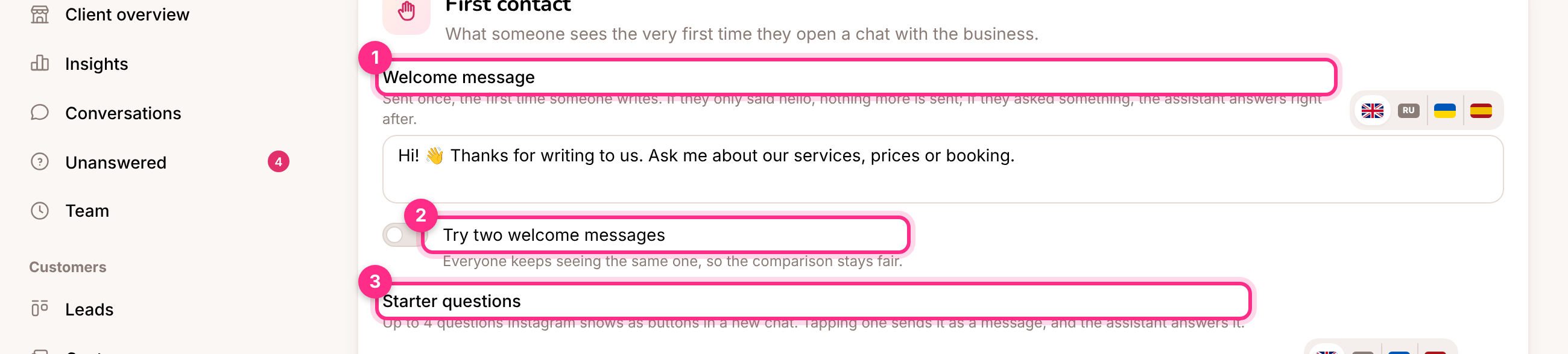 Welcome message (1), welcome test (2) and starter questions (3)