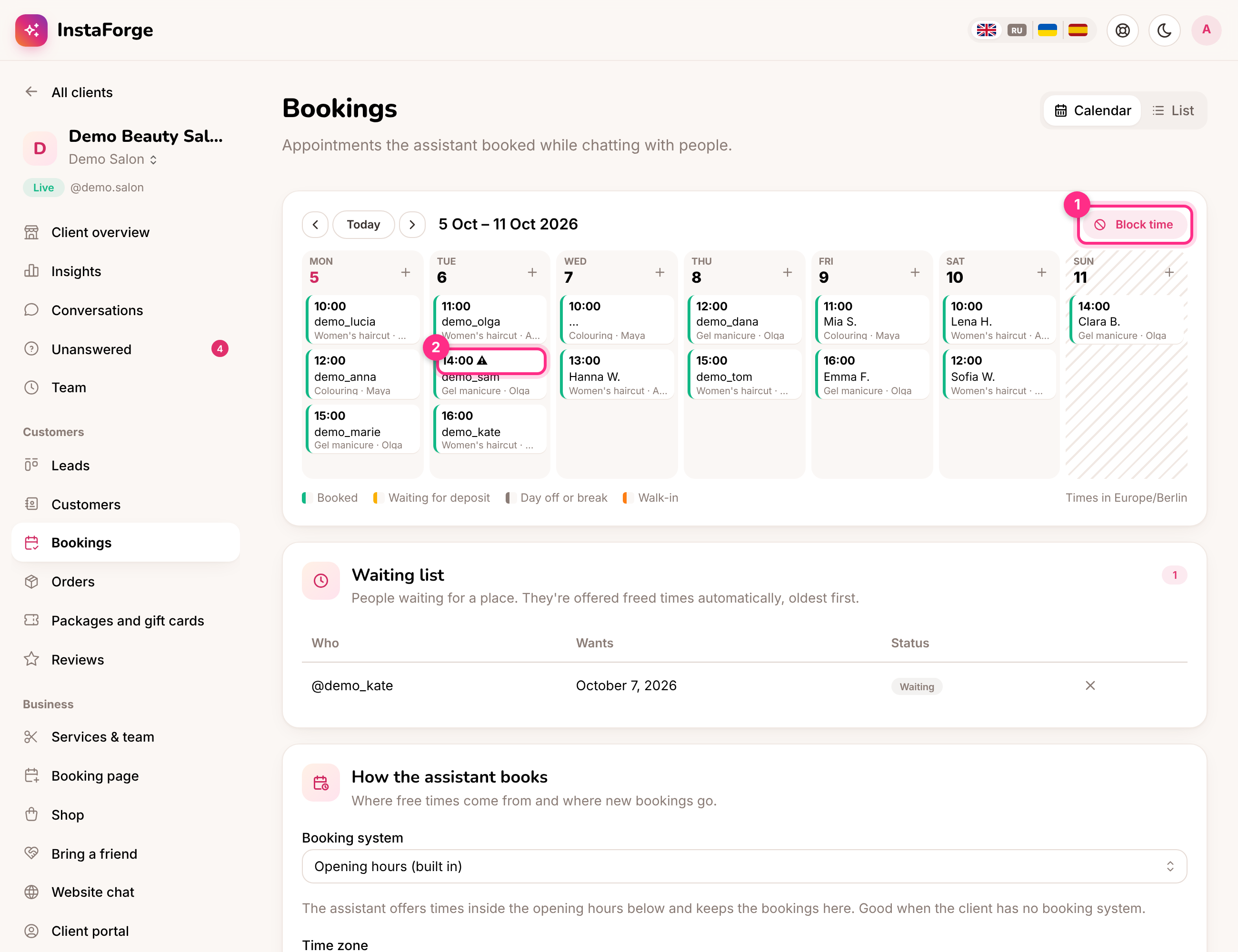 Bookings: block time (1) and an unconfirmed appointment (2)
