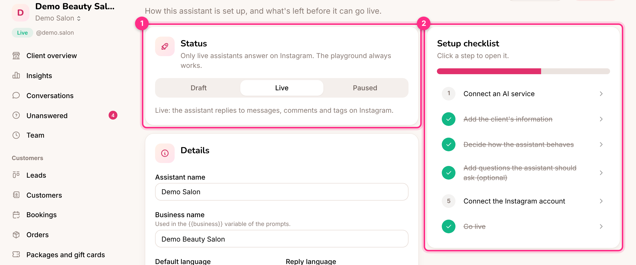The status switch and setup checklist