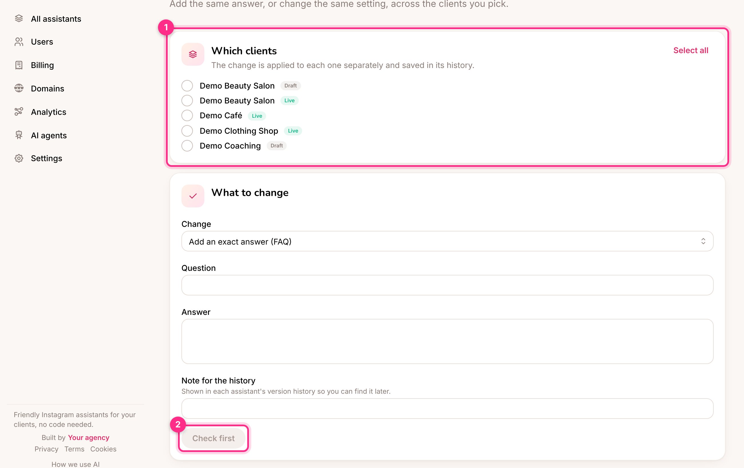 Change several at once: which clients (1) and check first (2)