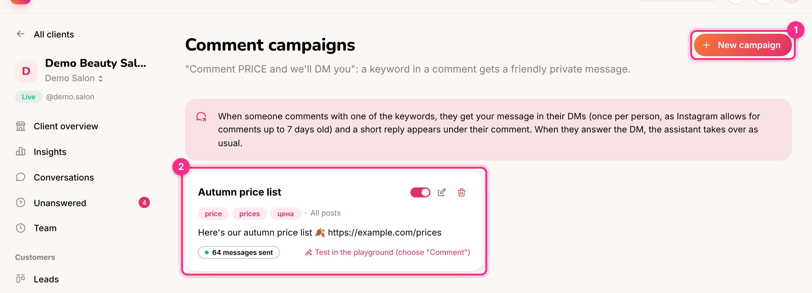 Comment campaigns: a new campaign (1) and a running one (2)
