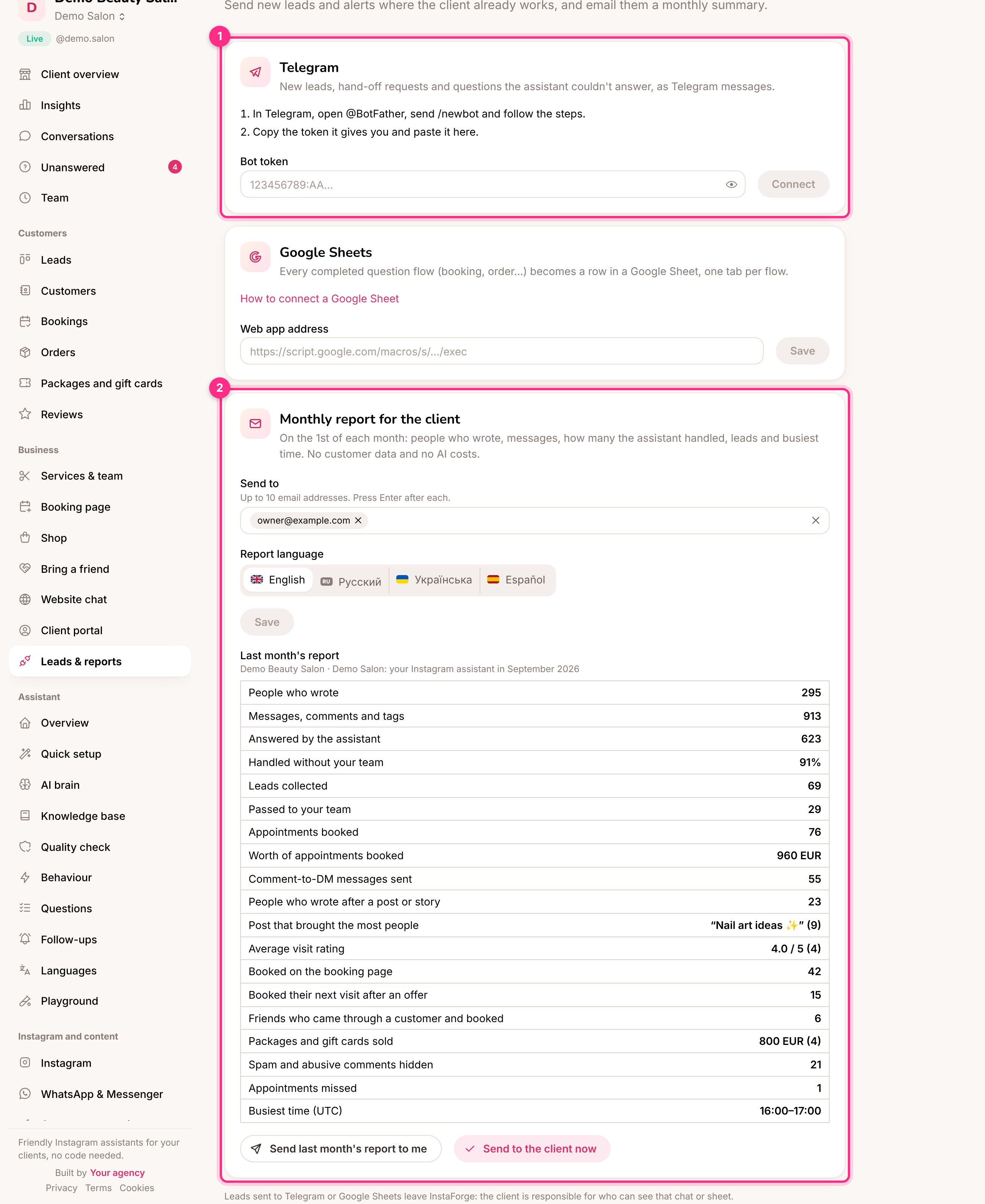 Leads and reports: Telegram (1) and the monthly report (2)